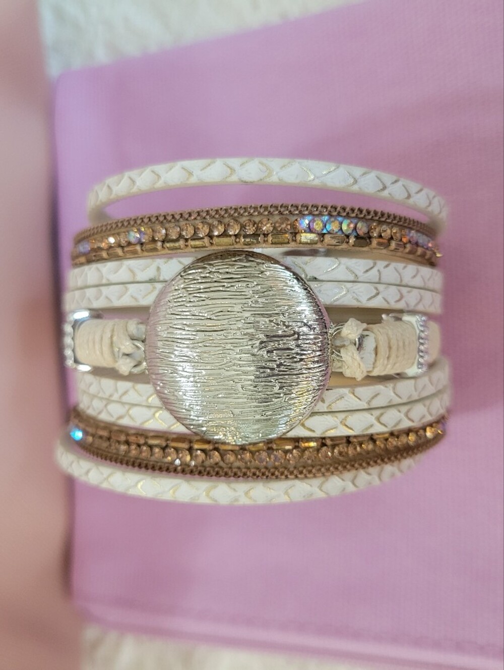 Multilayer White and Gold Wrap Bracelet with Silver Medallion